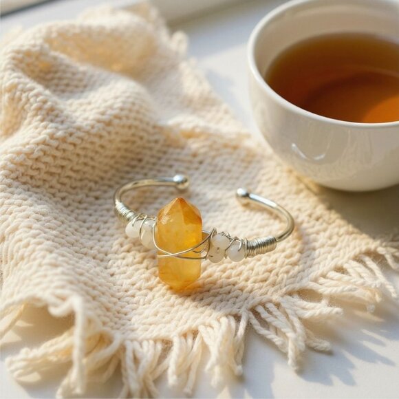 Citrine & Moonstone Wire Wrap Cuff – 925 Silver Over Copper – Energy & Balance - Picture 14 of 14